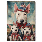 Bull Terrier Mother and Puppies in Patriotic Outfits and Hats by the Beach with Vintage Americana Style on Ready to Hang 1.5" Thick Canvas Wrap, Floating Framed Canvas, Flat Rolled Canvas